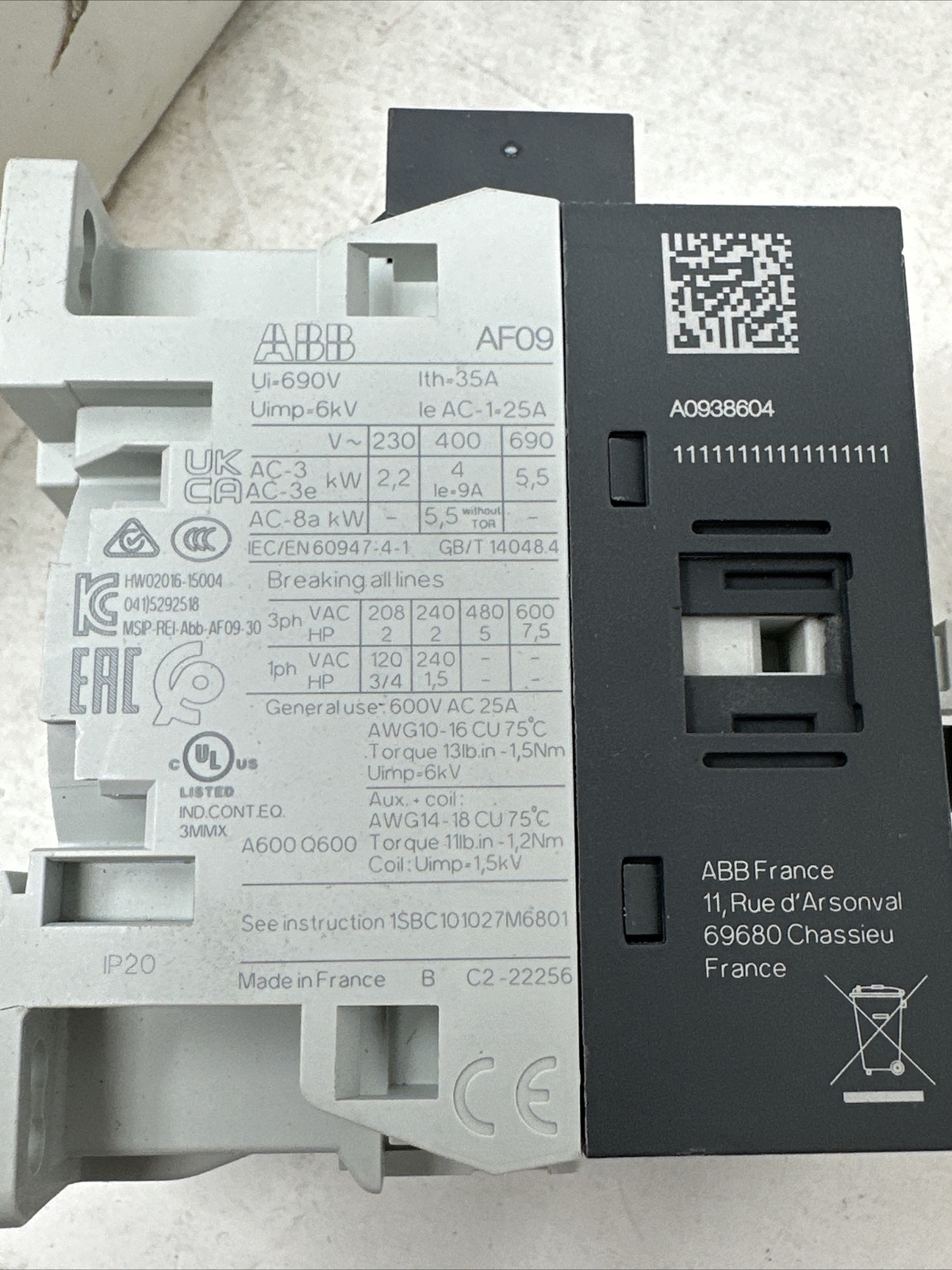 ABB AF09-30-10-11 24-60V50/60HZ 20-60VDC Contactor 1SBL137001R1110