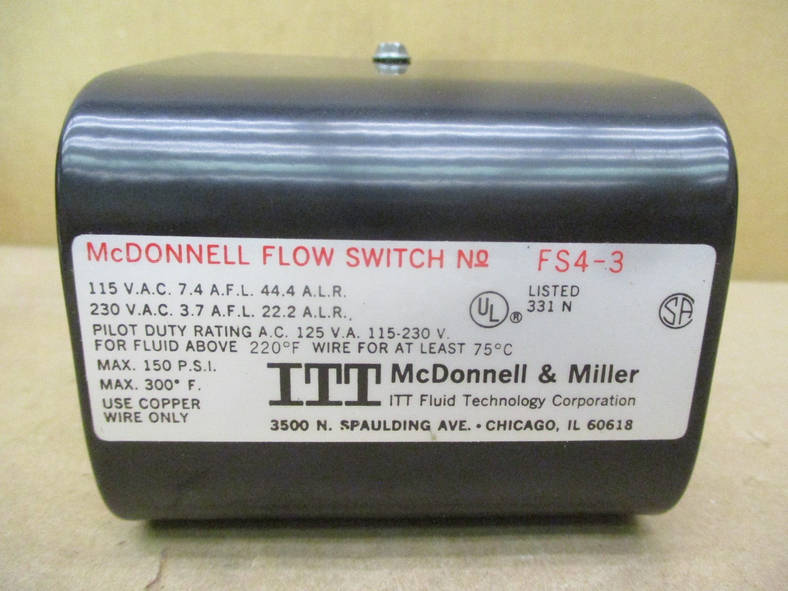 New Open Box ITT McDonnell & Miller FS4-3 Flow Switch 1NPT 114400 52705PRX