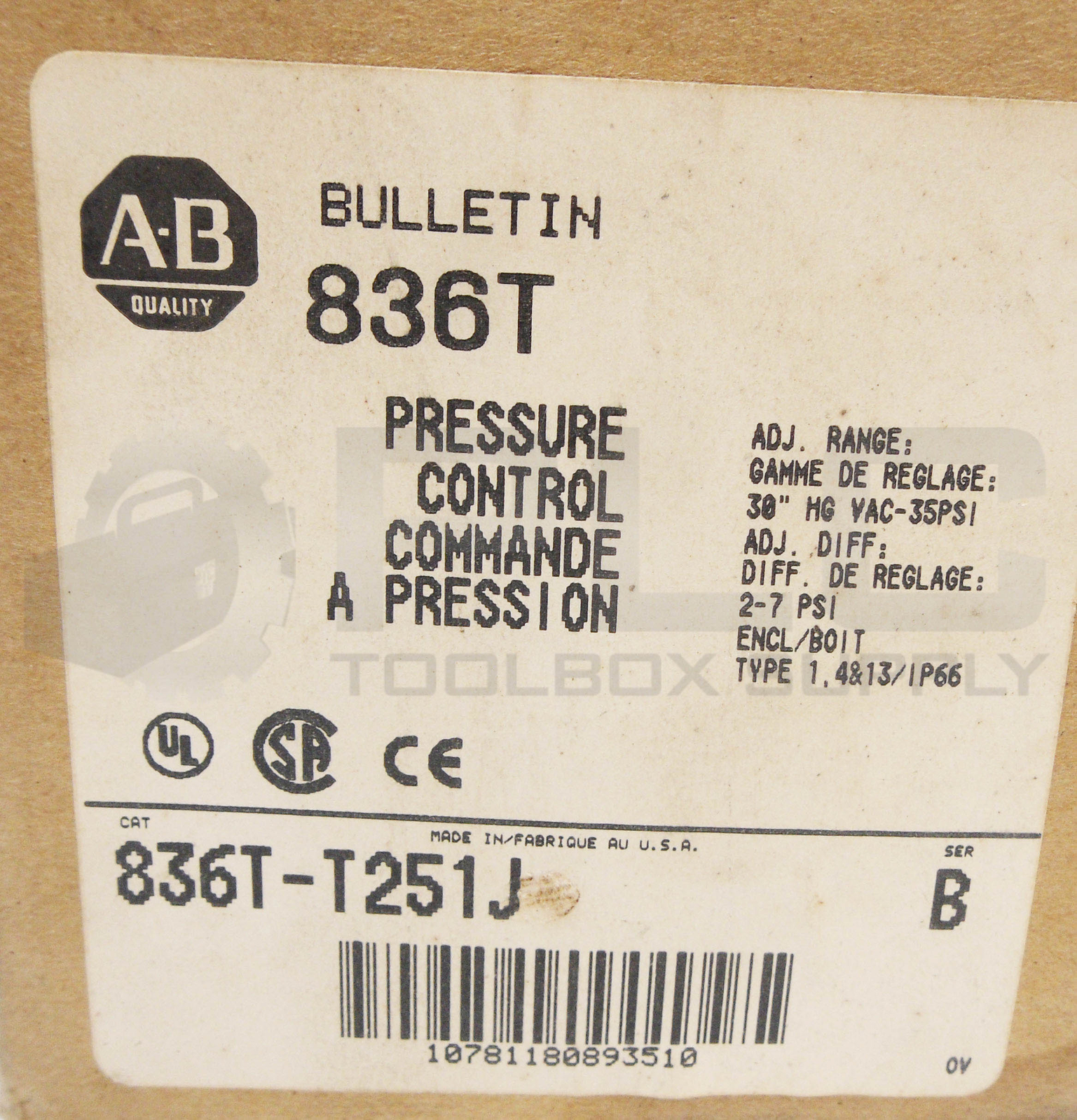 NEW ALLEN BRADLEY 836T-T251J /B PRESSURE CONTROL 600V 60A
