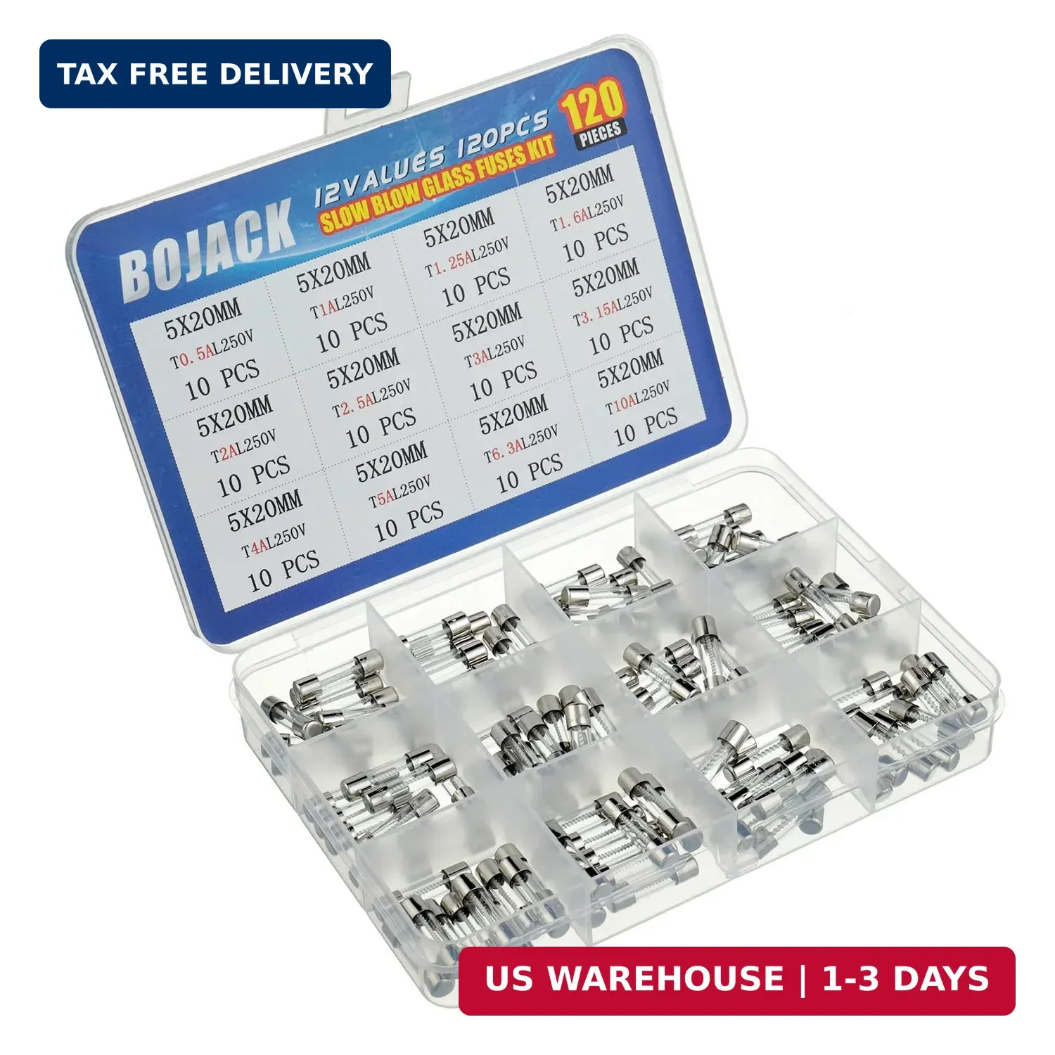 BOJACK 12 Values 120 pcs Slow Blow Glass Fuses Assortment Kit 5x20mm 250V T0.5A