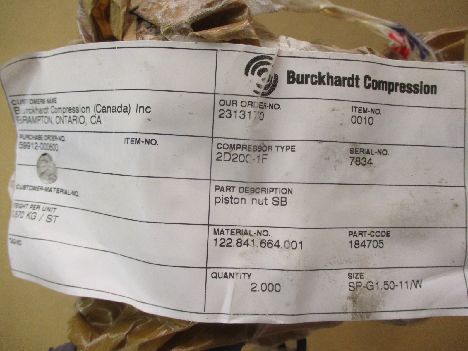 New Open Box of 2 Pcs Burckhardt Compression Type 2D200-1F Piston Nut 53111PRX