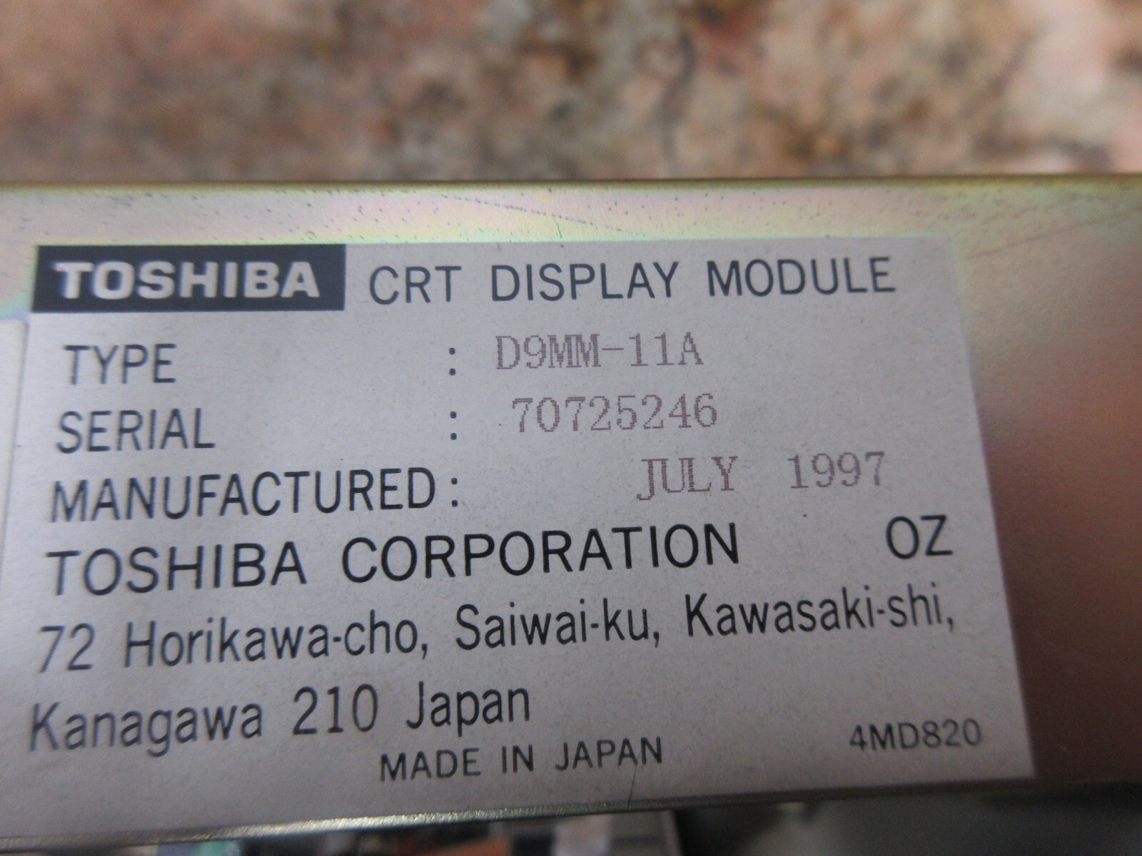 TOSHIBA CRT DISPLAY MONITOR A61L-0001-0093 4MDB059G D9MM-11A 1997