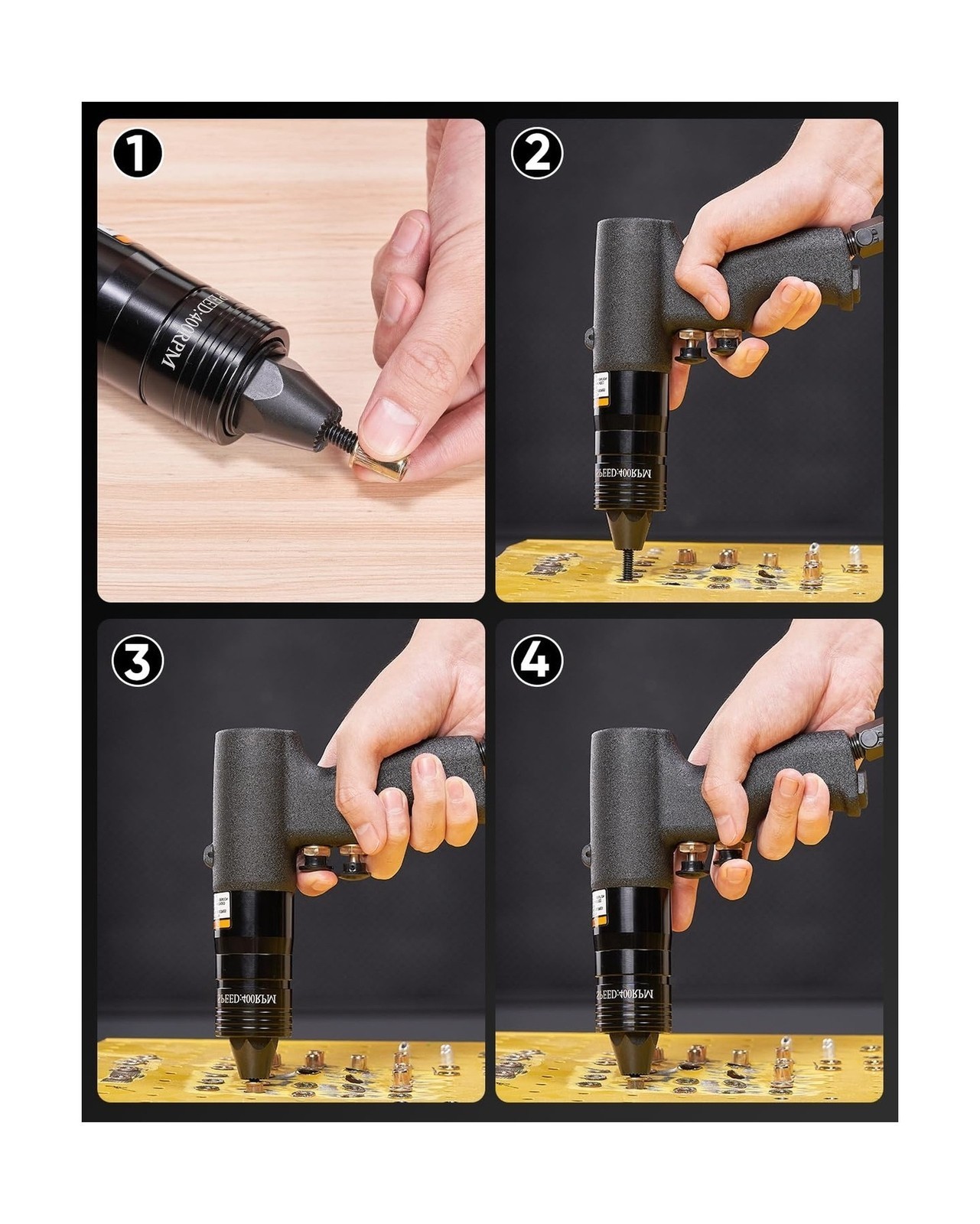 Air Rivet Nut Gun – 4 Sizes – For 10-24 to 3/8in – w/ Nozzles