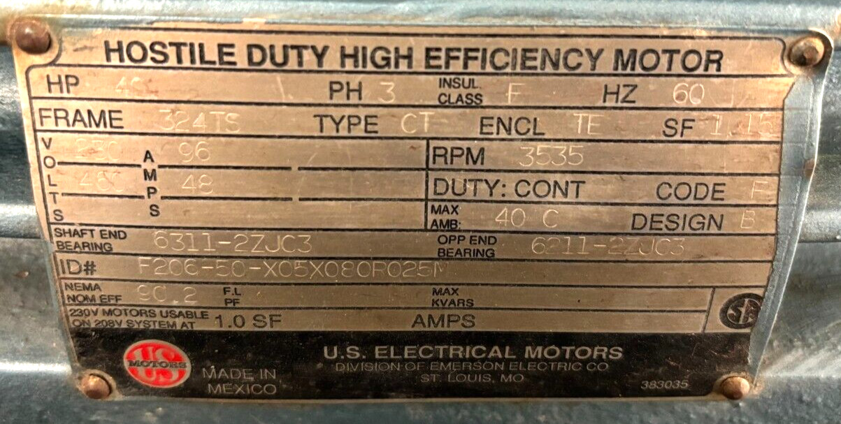 U.S. ELECTRICAL MOTORS 3 PHASE MOTOR WITH CARVER WKL50