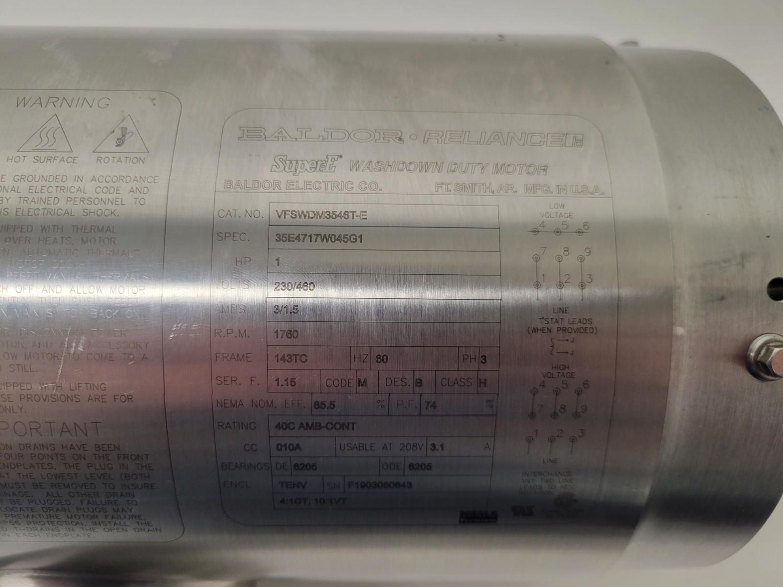 NEW OLD STOCK! BALDOR RELIANCE SUPER-E 1HP 230/460V WASHDOWN MOTOR VFSWDM3546T-E