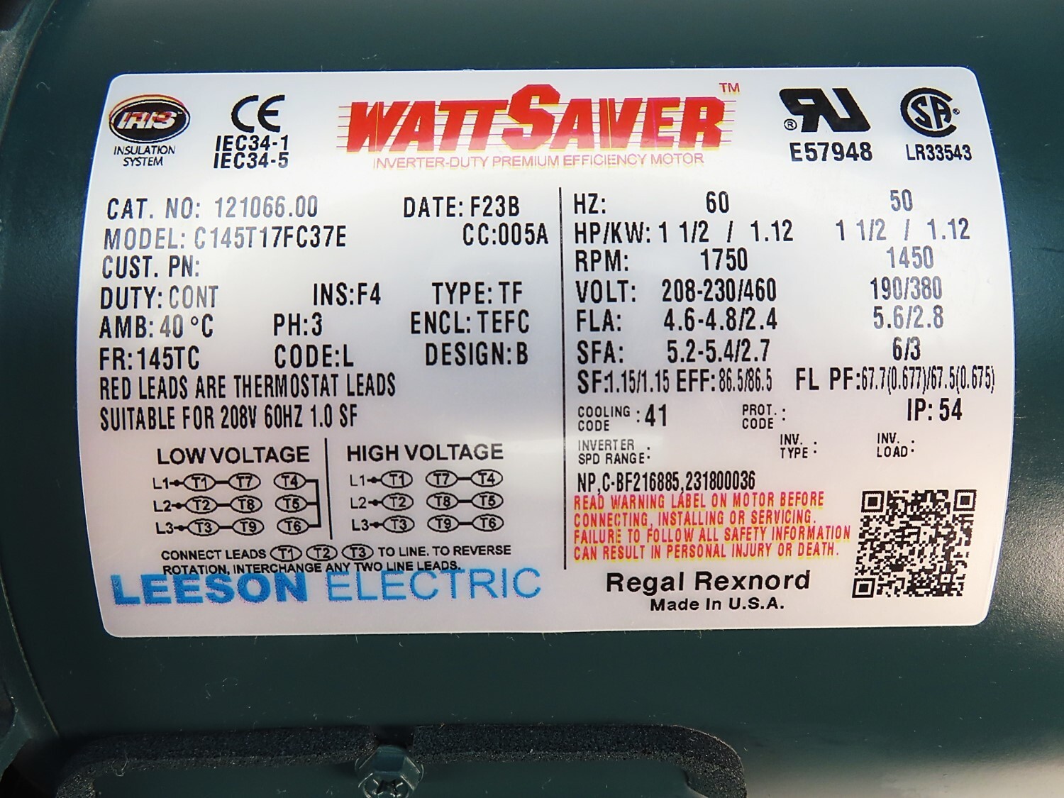 Leeson 121066.00 C145T17FC37E Regal 1.5 HP 1750 Rpm 3PH 230/460 Volt NEW IN BOX