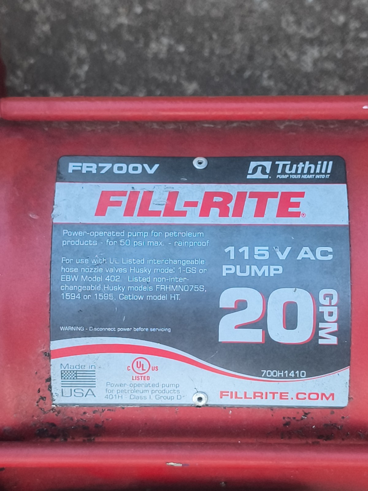 FILL-RITE FR700V 115V AC PUMP 20GPM 50PSI 115V 60HZ 5.5AMPS 1/3HP 1725RPM