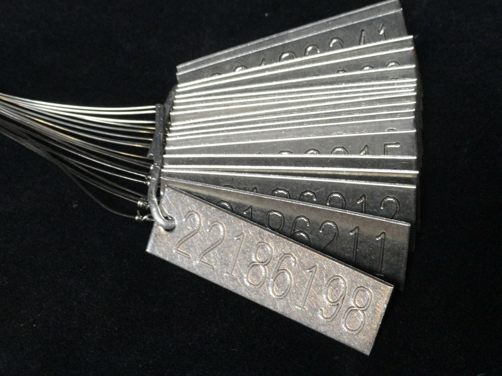 (18 Pcs.) STAINLESS STEEL NUMBER TAGS w/Stainless 10″ Leader – TAG 2-5/8″ x 3/4″