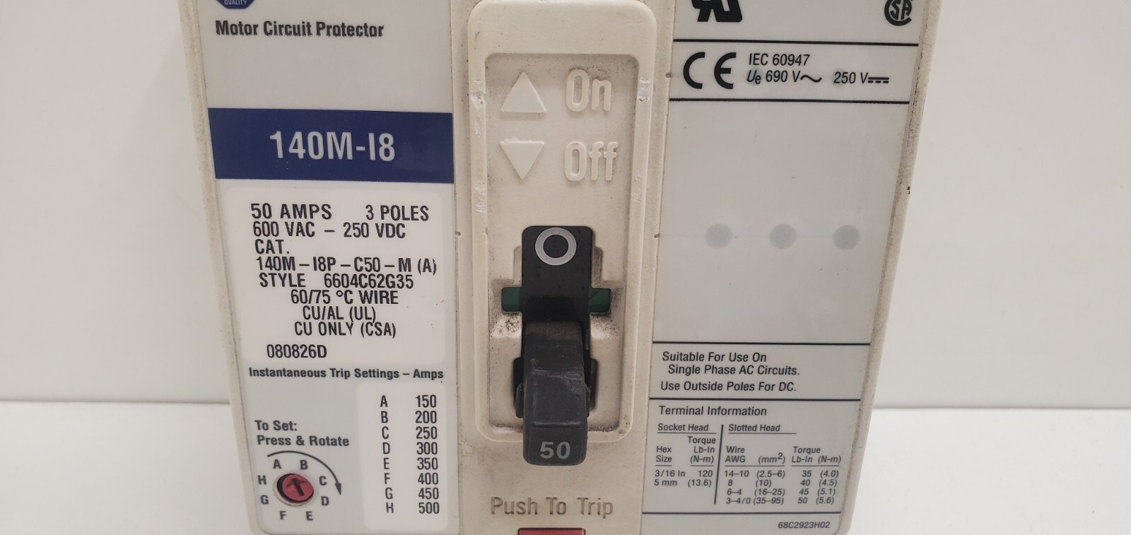 GUARANTEED! ALLEN-BRADLEY 50A 3-POLE CIRCUIT BREAKER 140M-I8P-C50-M