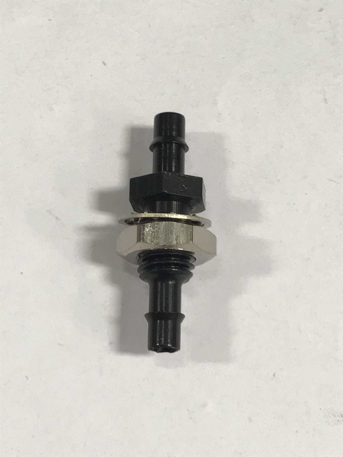 Black anodized aluminum bulkhead fitting 1/4-28 UNF thread to 1/8 ID tubing barb