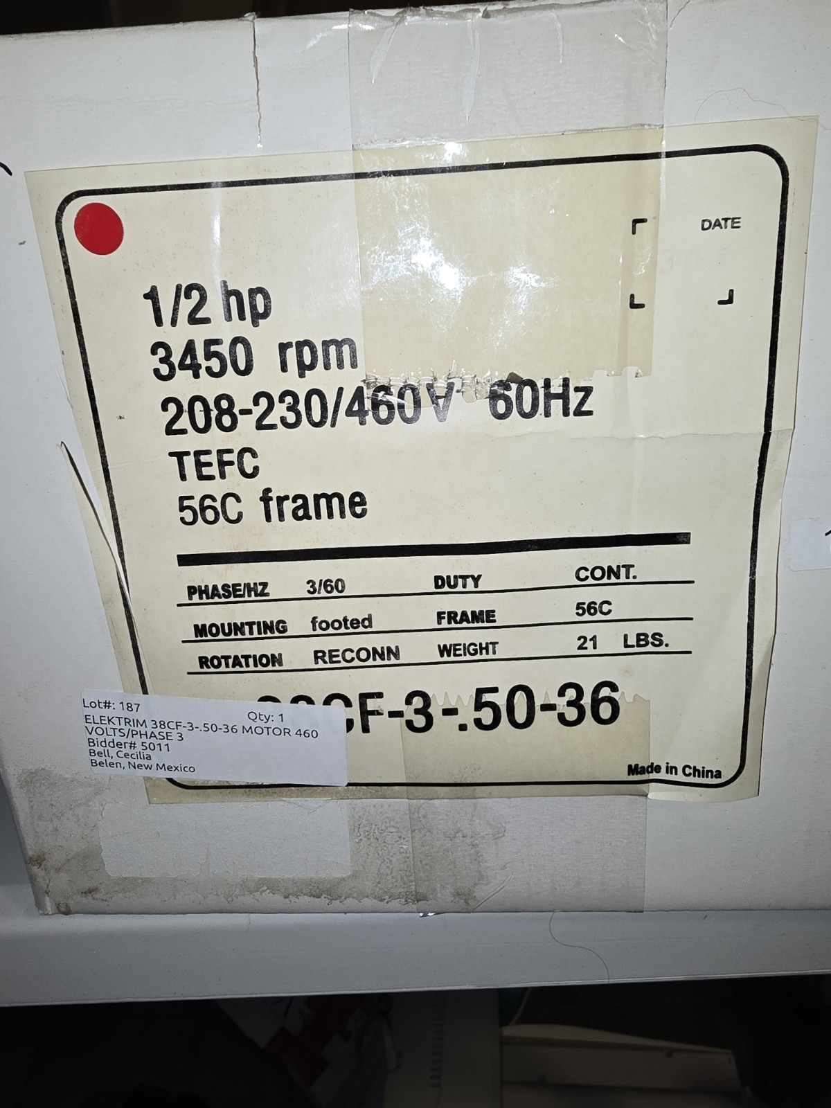 Elektrim 38CF-3-.50-36 1/2HP 3PH 3450 RPM 56C 230/460V Motor