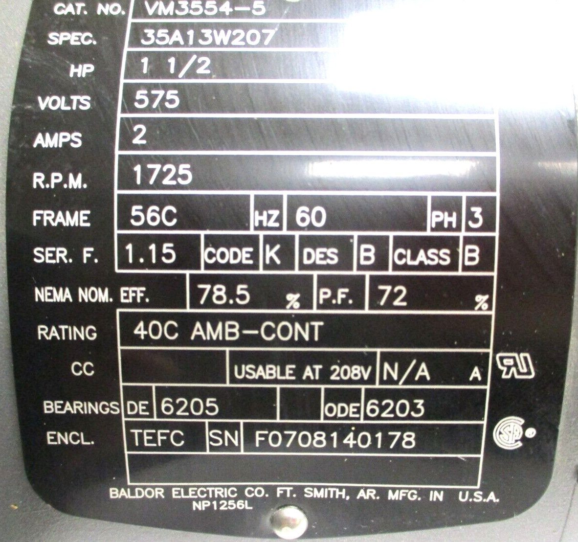 BALDOR RELIANCE ELECTRIC MOTOR, VM3554-5 , 1.5-HP , CLEAN-USED