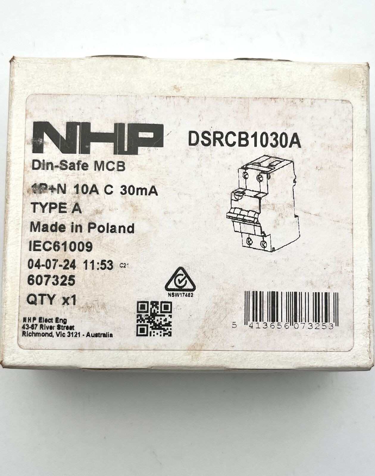 NHP DSRCB1030A Din-Safe MCB C10 10A 10kA 1P+N C Curve 30mA