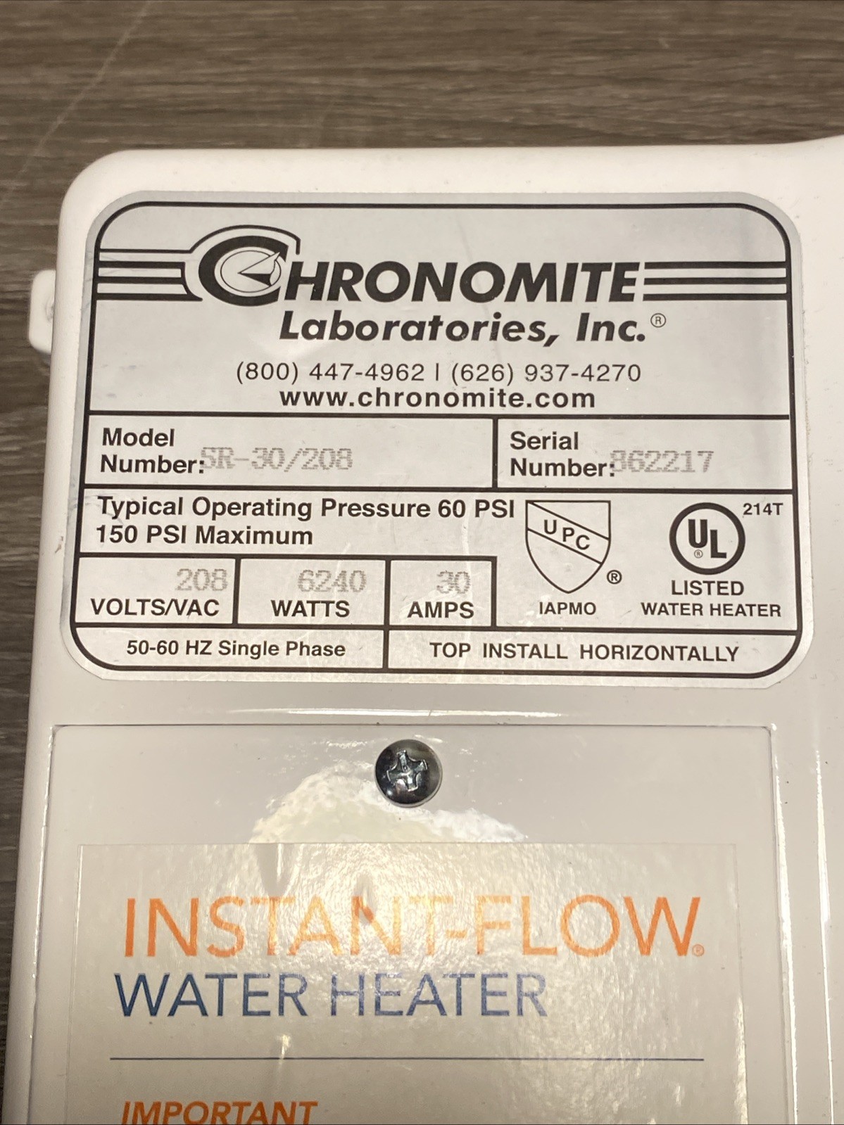 Chronomite SR-30/208 Tankless Electric Water Heater 6240W Point-of-Use