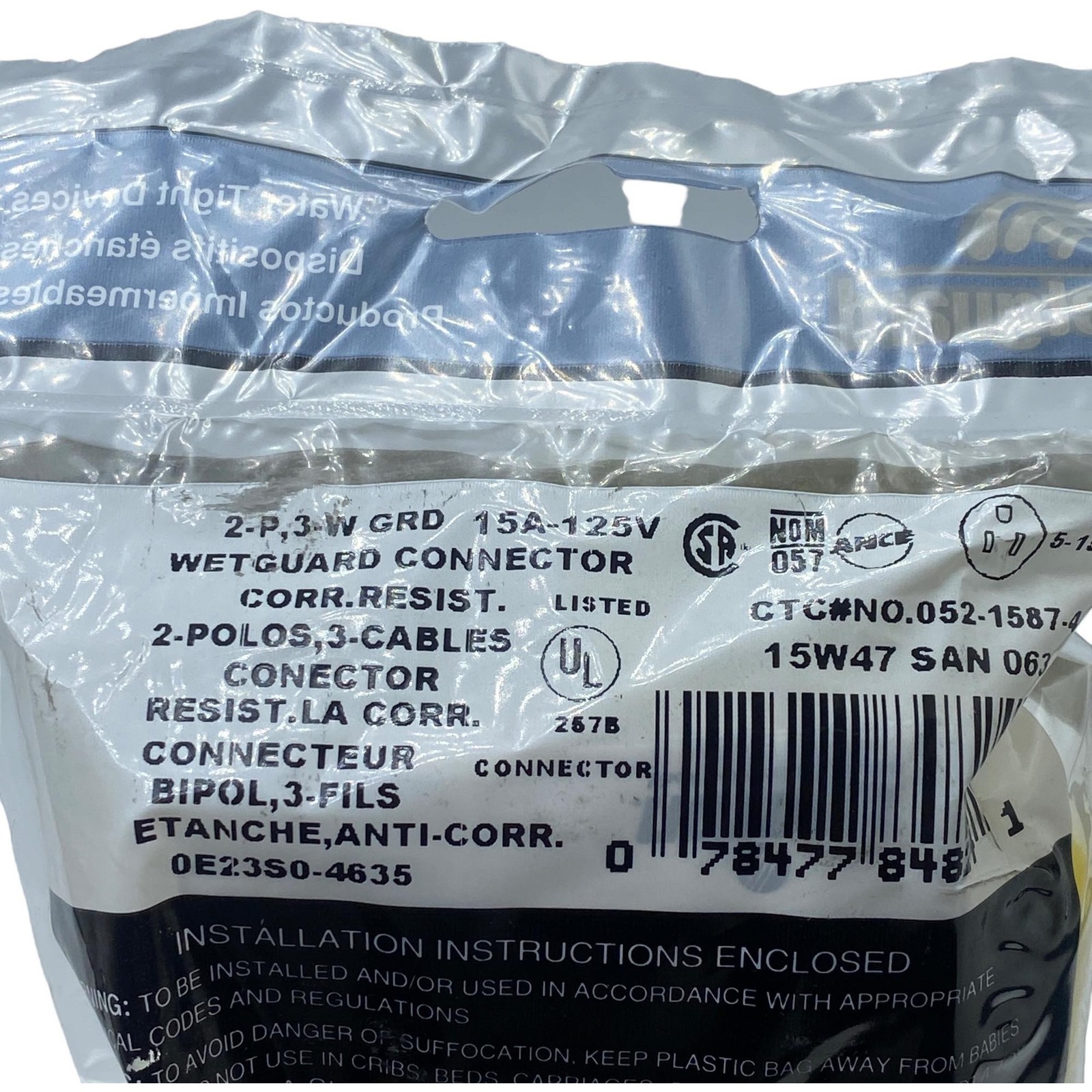 15W47 Leviton Wetguard Connector 2 Pole 3 Wire 15A/120V 15W47