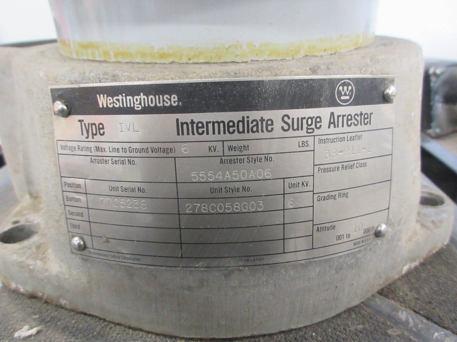 Westinghouse Type IVL Intermediate Surge Arrester 5554A50A06 6KV Used