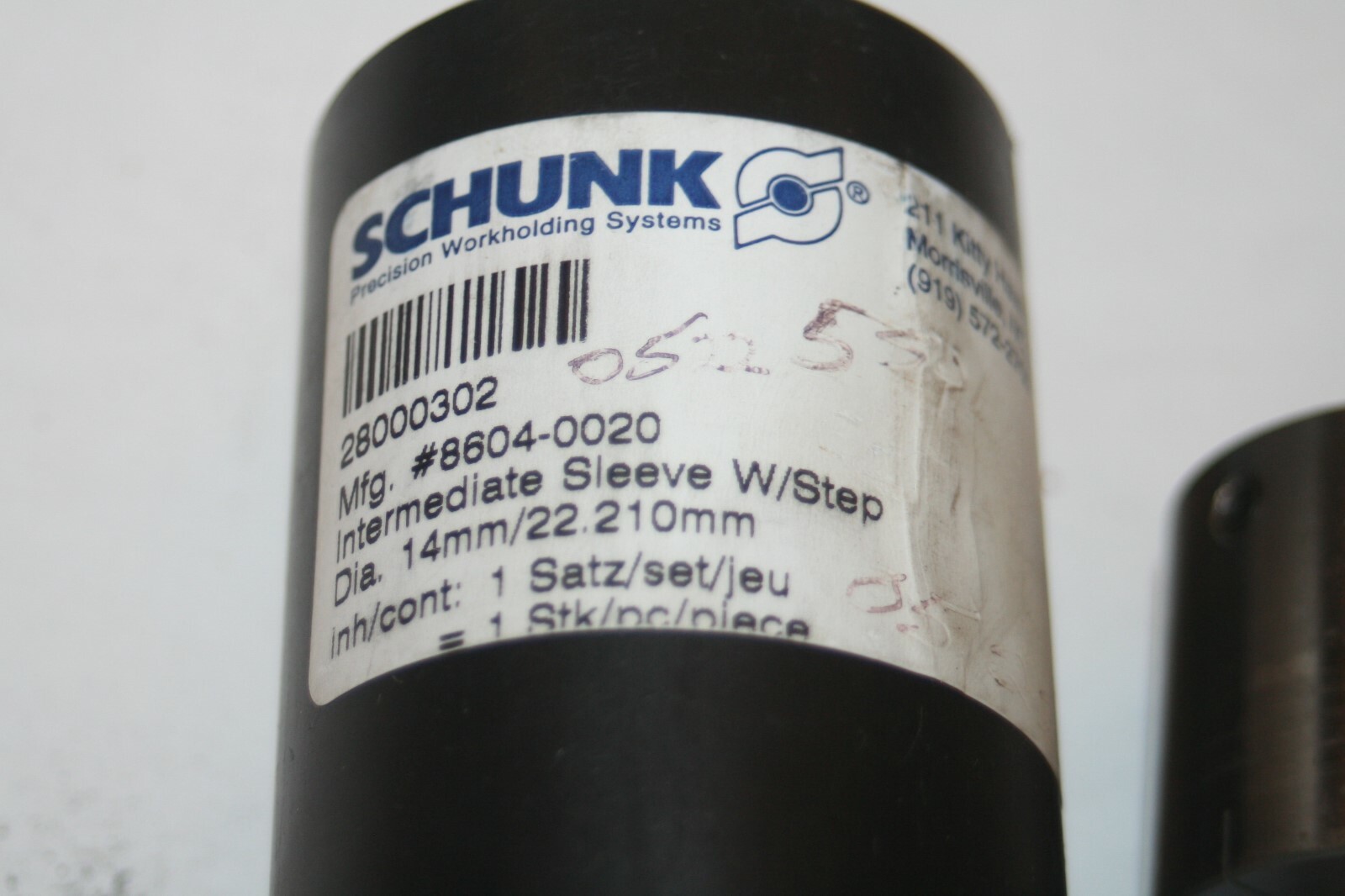 SCHUNK 28000302 Intermediate Sleeve w/Step 14mm ID, 22.198mm OD, 50.037 * NEW *