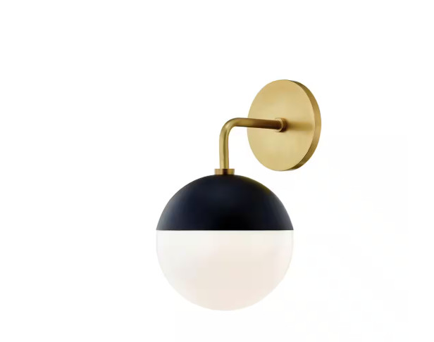 MITZI Renee 1-Light Aged Brass/Black Wall Sconce with Opal Glossy Shade