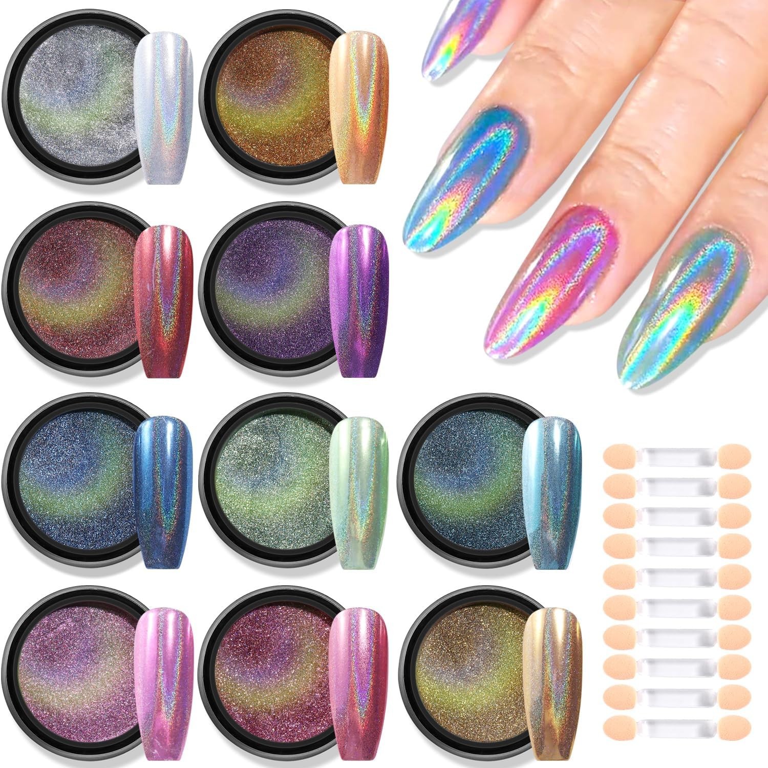 Furtherpretty Holographic Chrome Nail Powder, 10 Colors Metallic