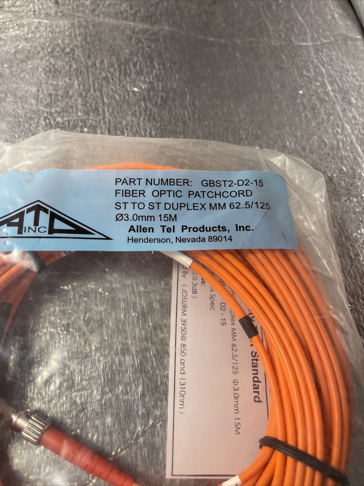 ALLEN TEL PRODUCTS GBST2-D2-15 FIBER OPTIC PATCH CORD