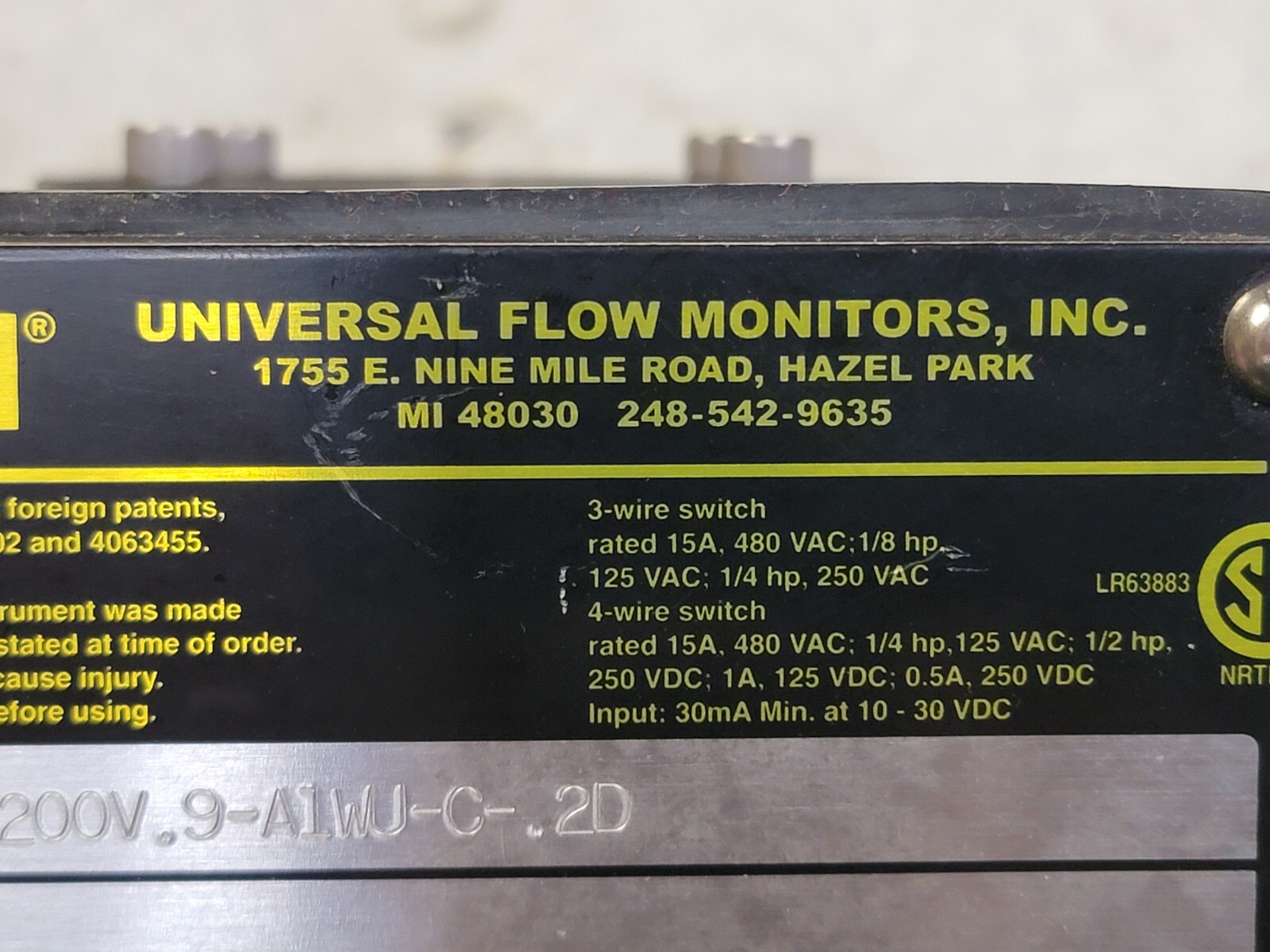 QTY 1 UNIVERSAL FLOW MONITOR 00.5GLM-4L-200V.9-A1WU-C-.2D LOC SHF K1