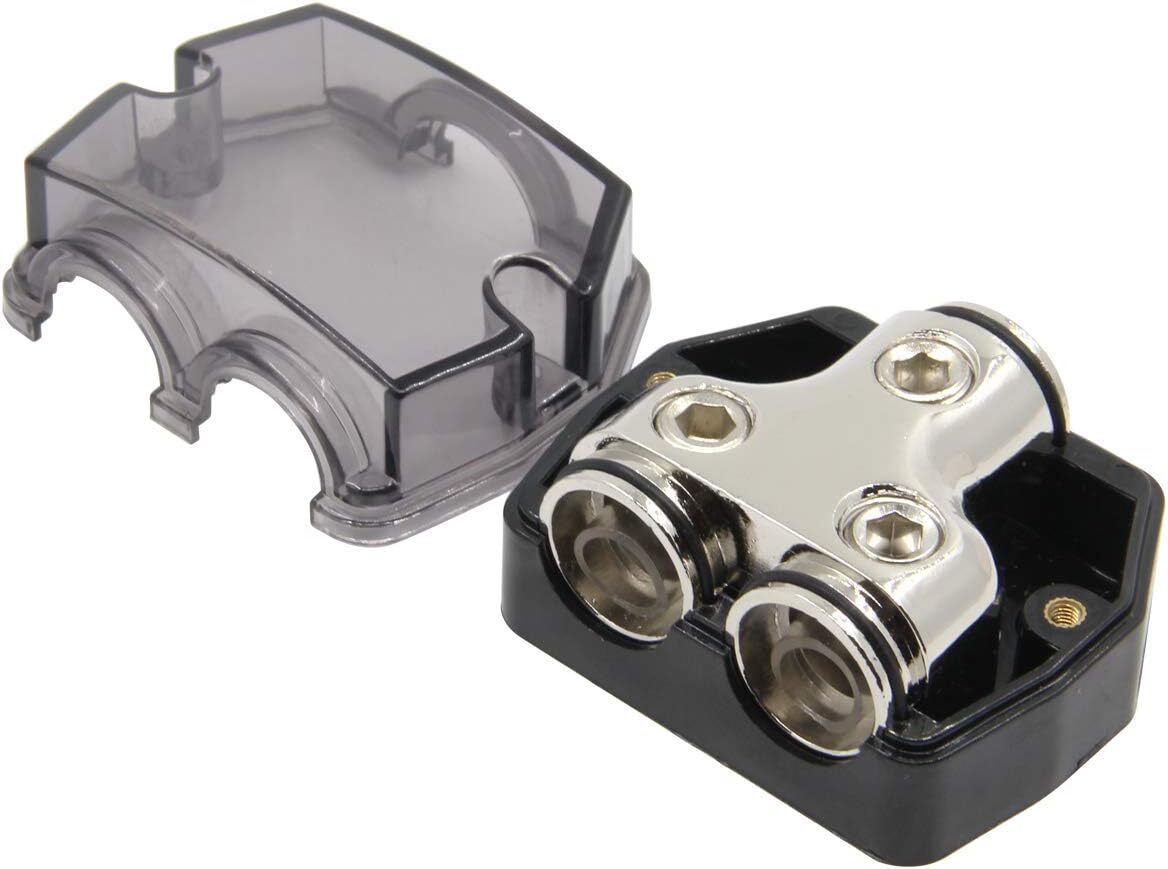 2 Way Power Distribution Block, 0/2/4 AWG Gauge in, 0/4/8/10 1x0GA+2x0GA