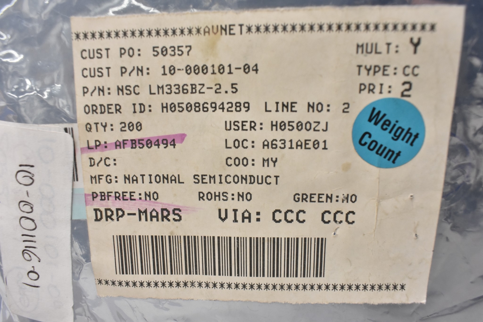 TEXAS INSTRUMENTS LM336BZ-2.5 VLTG REF DIODE 10-000101-04 QUANTITY 25 EACH