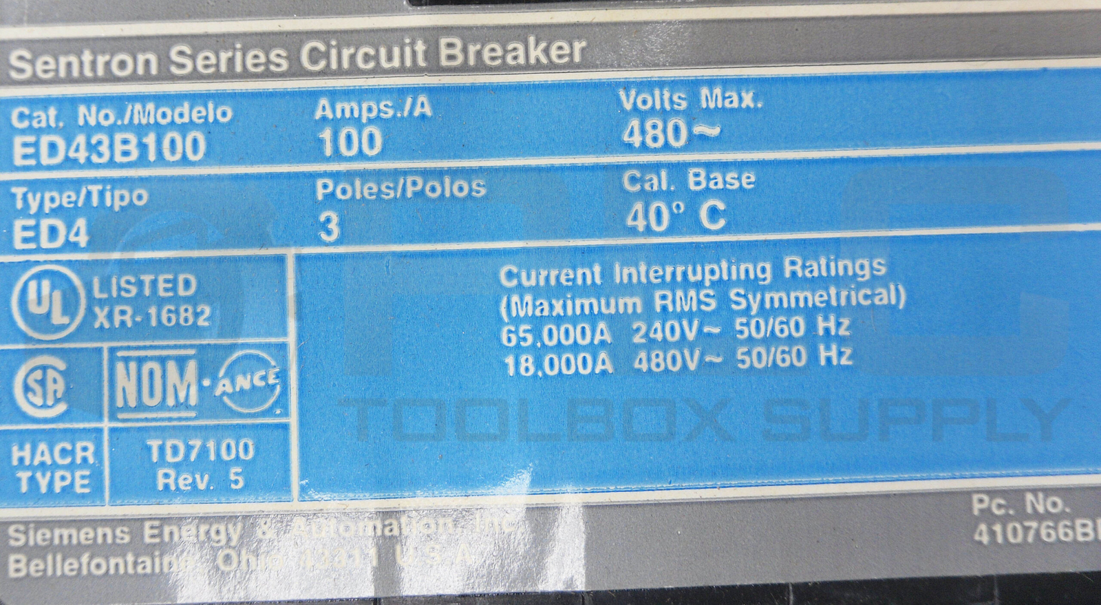 NEW SIEMENS ED43B100L MOLDED CASE CIRCUIT BREAKER 100A 480VAC 3 POLE 50/60HZ
