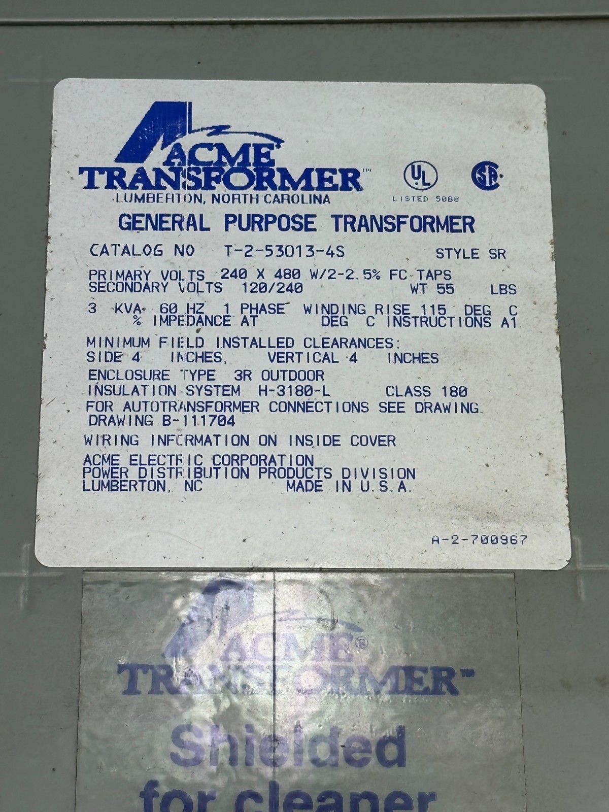 ACME TRANSFORMER T-2-53013-4S GENERAL PURPOSE TRANS. STYLE SR 3KVA 1 PHASE 60HZ
