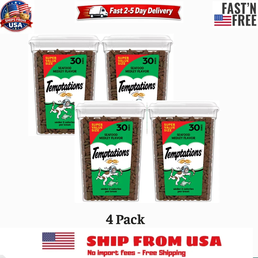 4 PACK Temptations Cat Treats, Classic Crunchy and Soft Cat Treats, Seafood,30oz