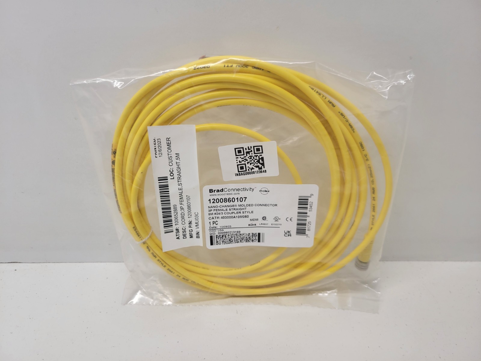 NEW OLD STOCK! BRAD CONNECTIVITY WOODHEAD 3P FEMALE CORDSET 1200860107
