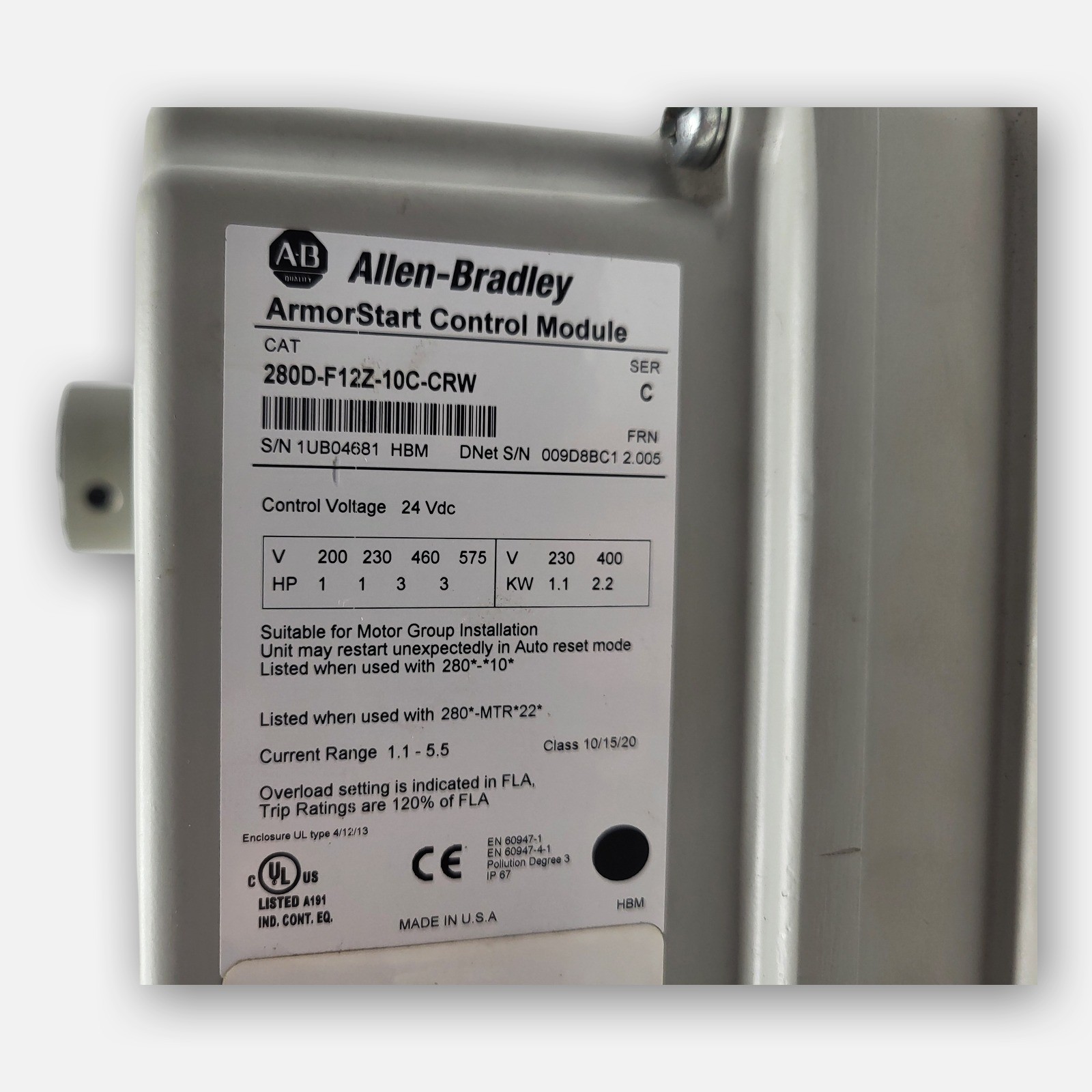 NEW ALLEN-BRADLEY 280D-FN-10-C /C ARMORSTART BASE W/ 280D-F12Z-10C-CRW /C MODULE