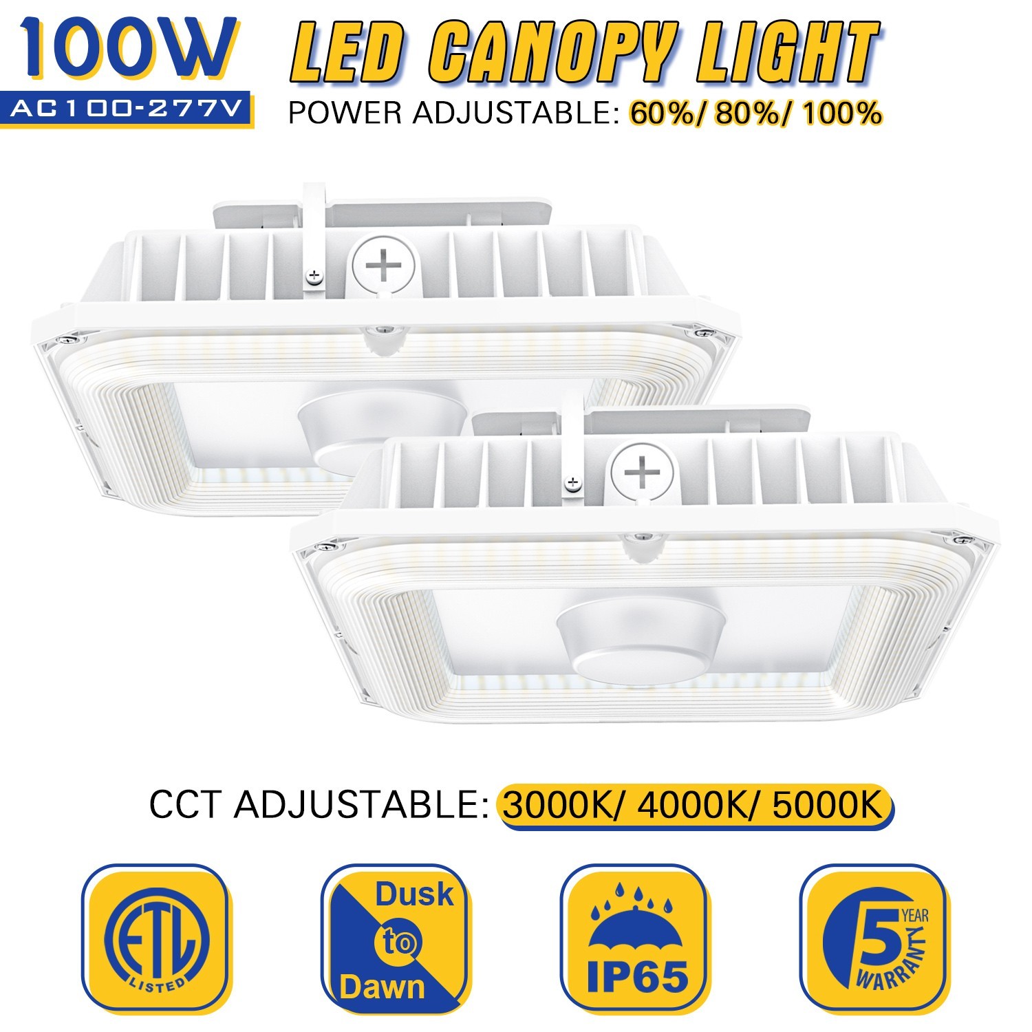 2PACK 100W LED Gas Station Canopy Light 13,500LM Commercial Parking Garage Light