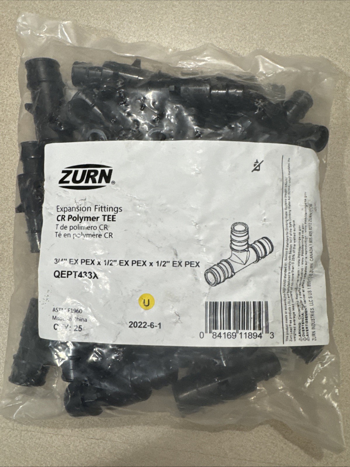 Zurn QEPT433X Expansion CR Polymer Tee – 3/4″ EX PEX X 1/2″ EX PEX X 1/2″ EX PEX