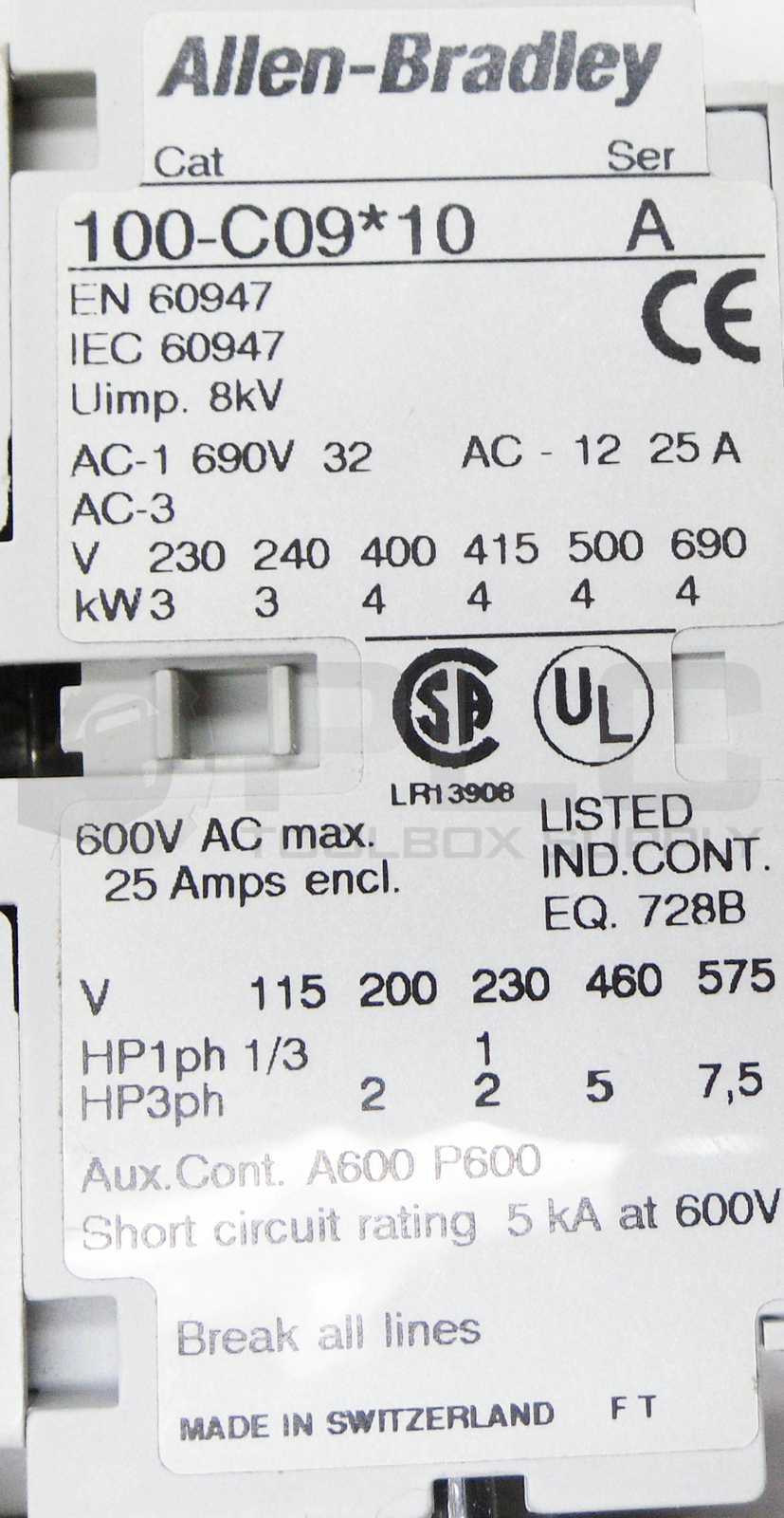 ALLEN BRADLEY 100-C09*10 /A CONTACTOR 600VAC 25A W/ 193-EB1EB /B OVERLOAD RELAY