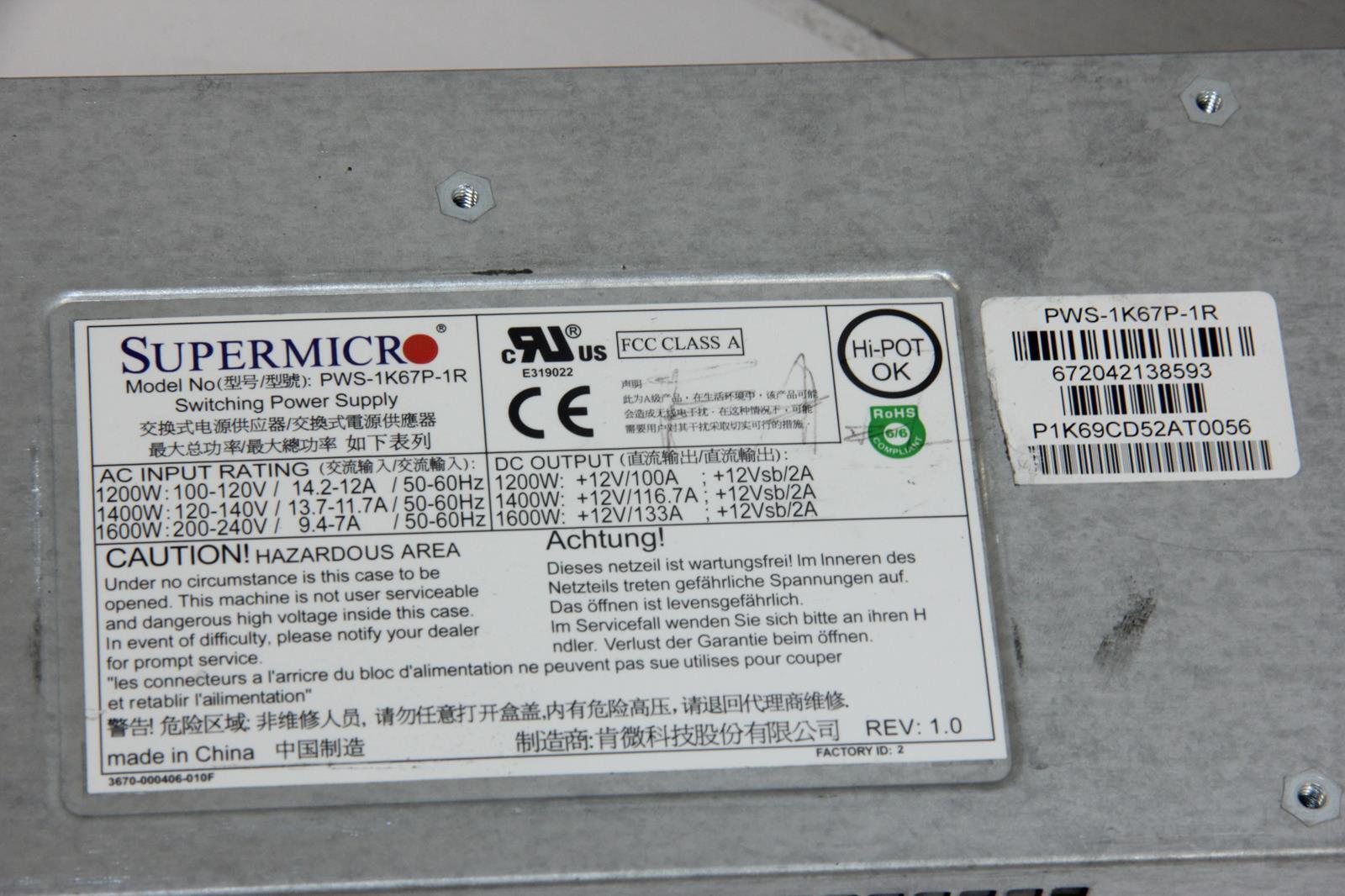 SUPER MICRO PWS-1K67P-1R 1600W Power Supply