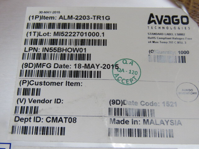 AVAGO ALM2203TR1G Qty of 1 per Lot SDARS LNA MODULE/ LOW NOISE AMPLIFIER