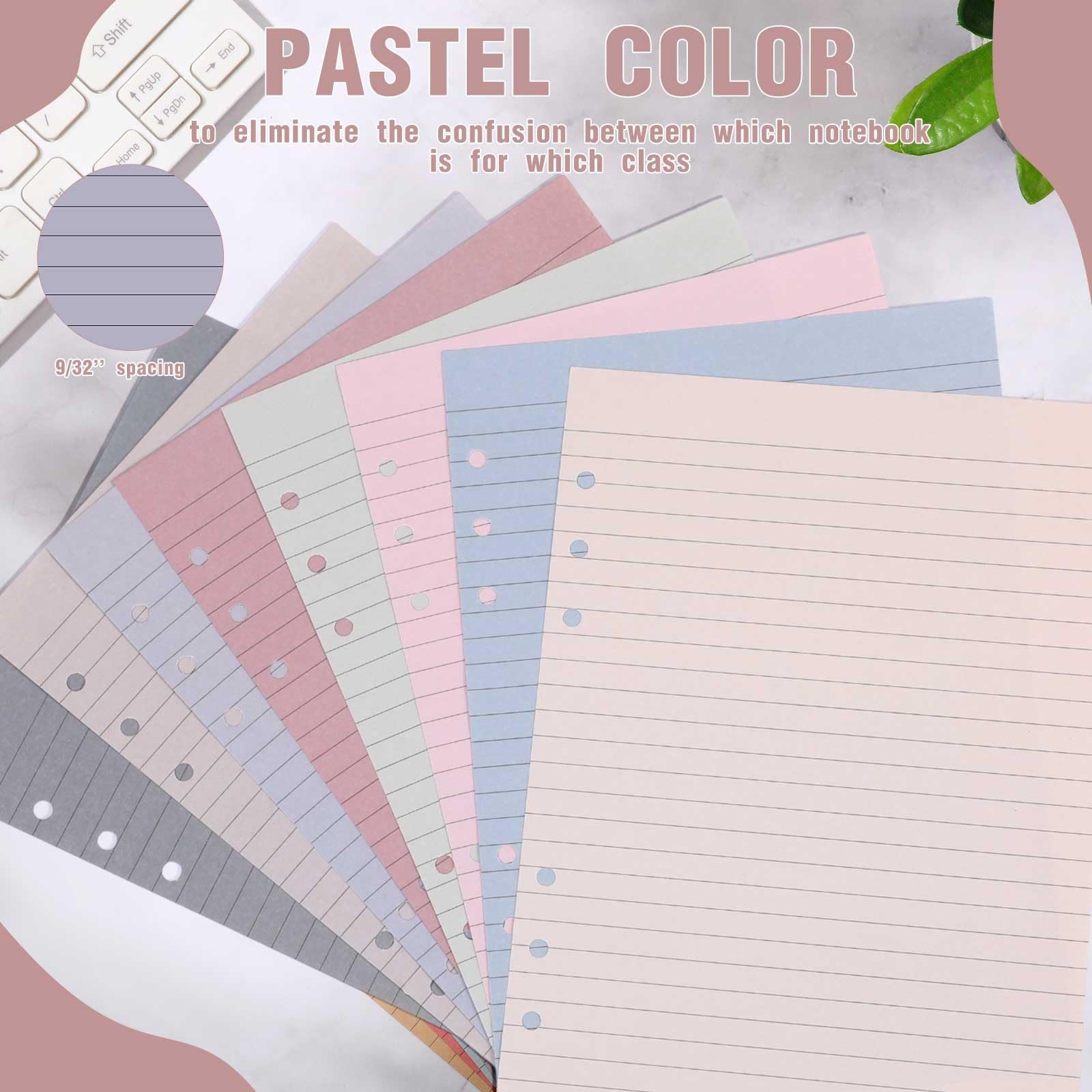 PerKoop 8 Pack Lined Refill Paper A5 Colored 6 Ring Binder Planner Inserts 6 Hol