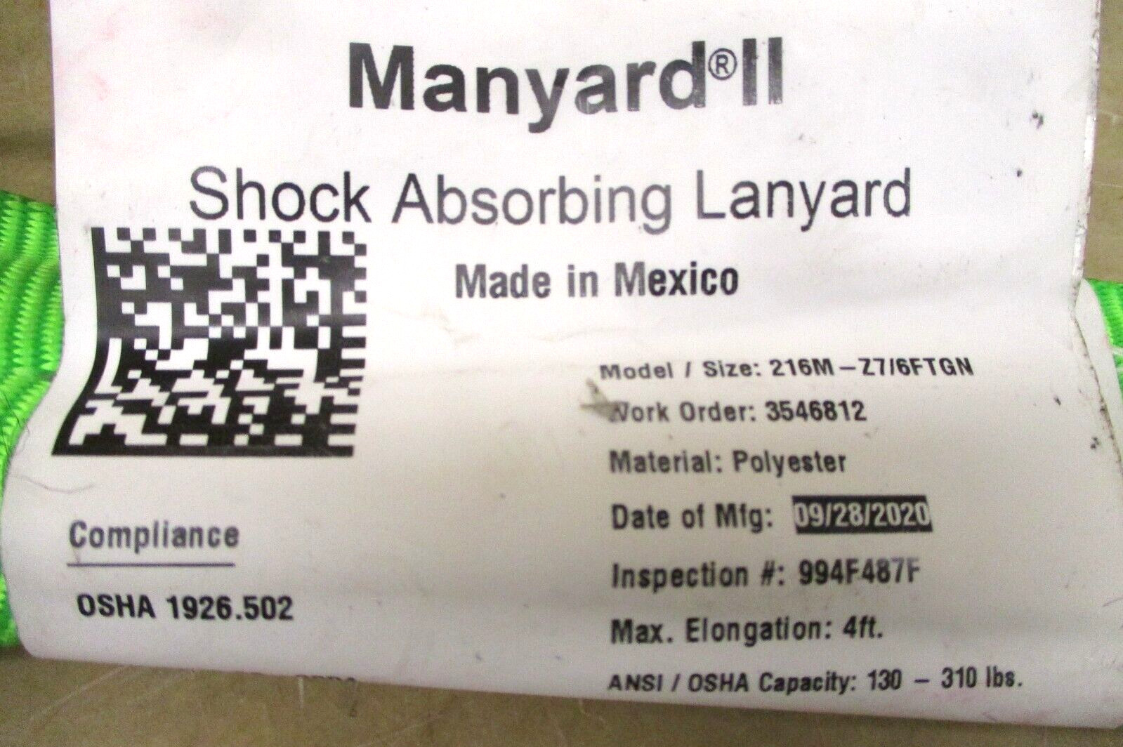 Manyard II 216M-Z7/6FTGN Shock Absorbing Lanyard 48860LIN