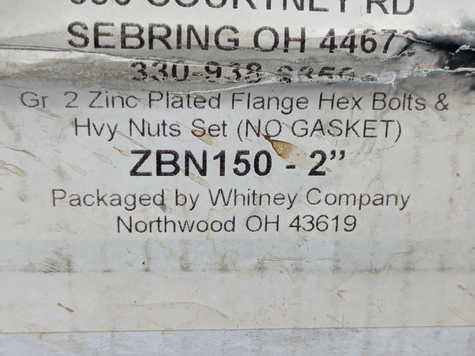 Whitney ZBN150 2″ Zinc Hex Bolts & Nuts Kit – 4PC – NEW flange gr. 2