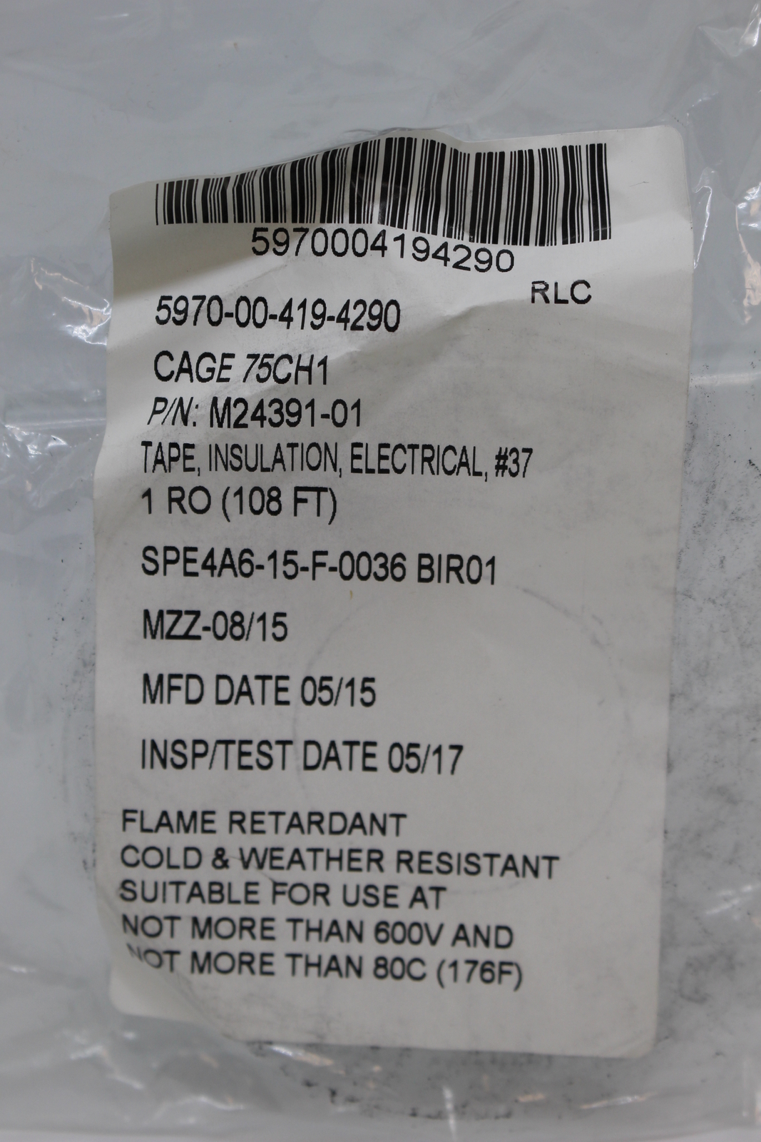 Electrical Flame Retardant Insulation Tape #37, 5970-00-419-4290, M24391-01