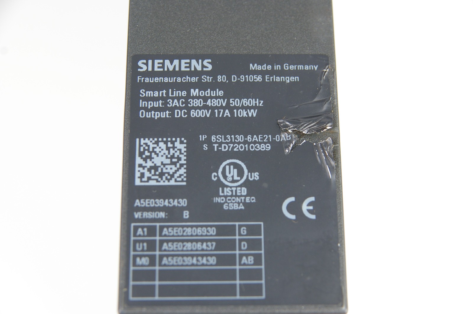 Siemens 6SL3130-6AE21-0AB0 VERSION: B Smart Line Module 10KW