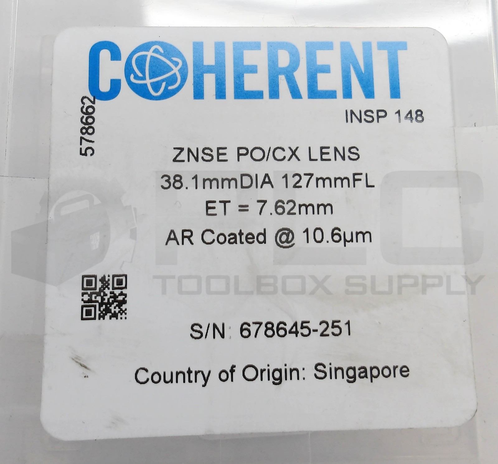 NEW COHERENT ZNSE PO/CX LENS 38.1MM DIA 127MM FL 578662