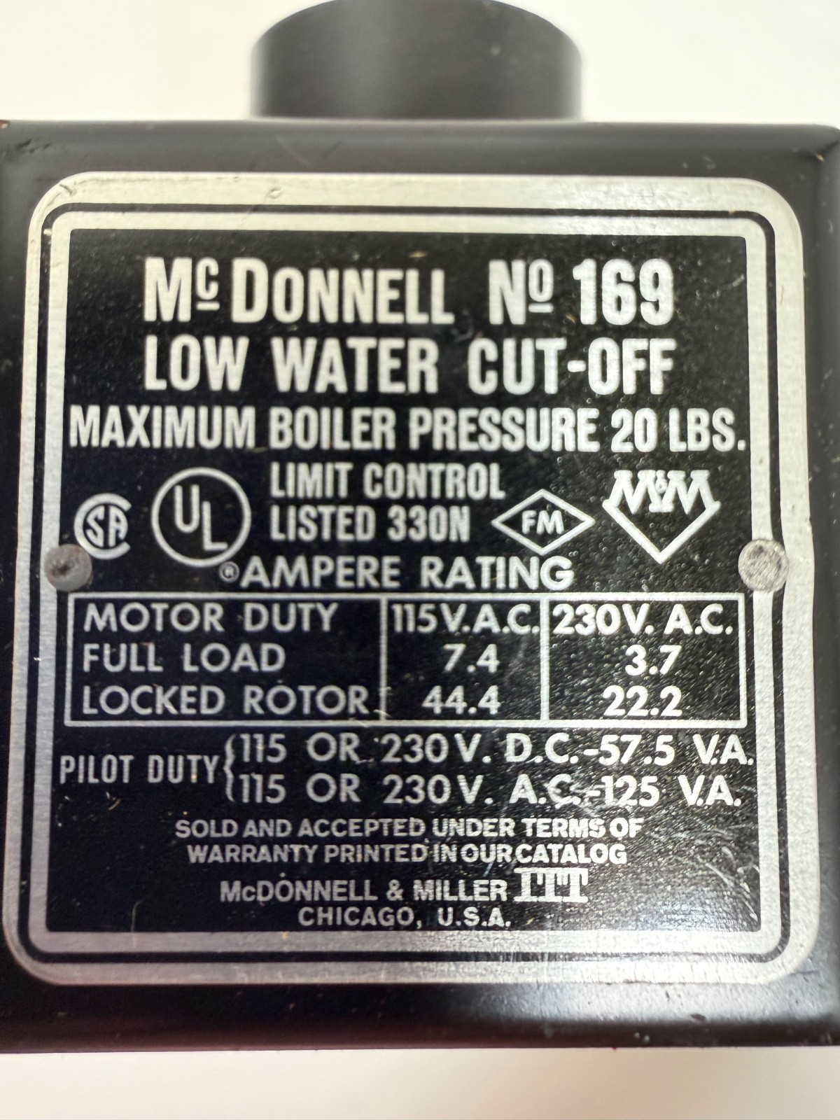 McDonnell & Miller 155100 3-1/8″ Low Water Cut-Off Boiler Control 169 Series UL