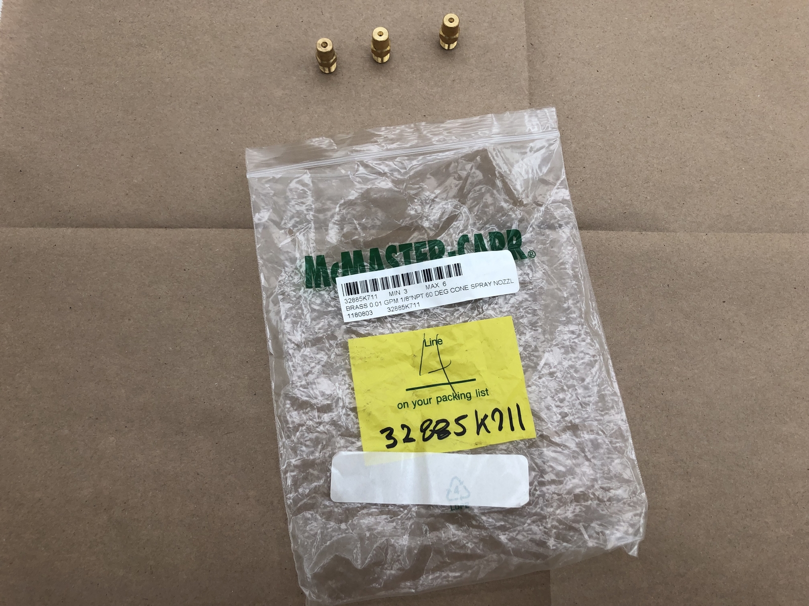 (QTY.3) MCMASTER-CARR 32885K711 FULL-CONE SPRAY NOZZLES