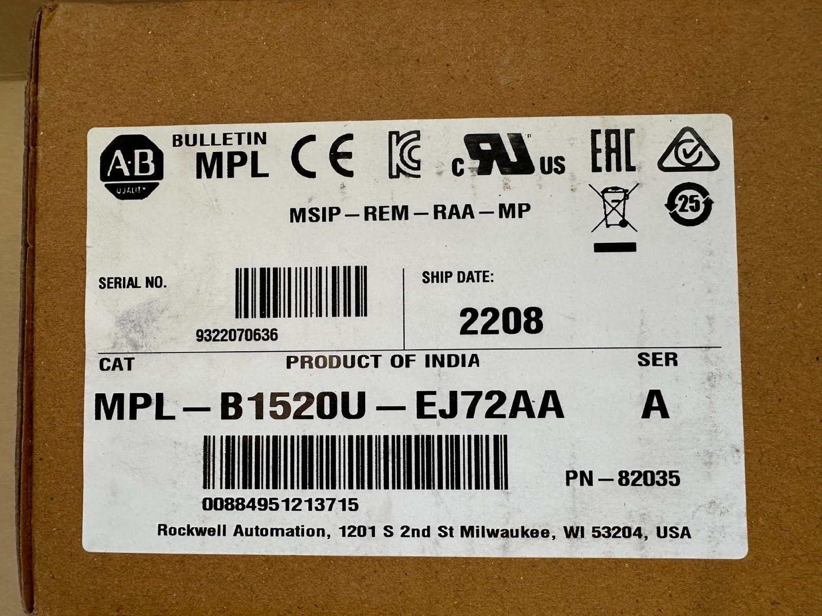 NEW Allen Bradley MPL B1520U-EJ72AA 2022