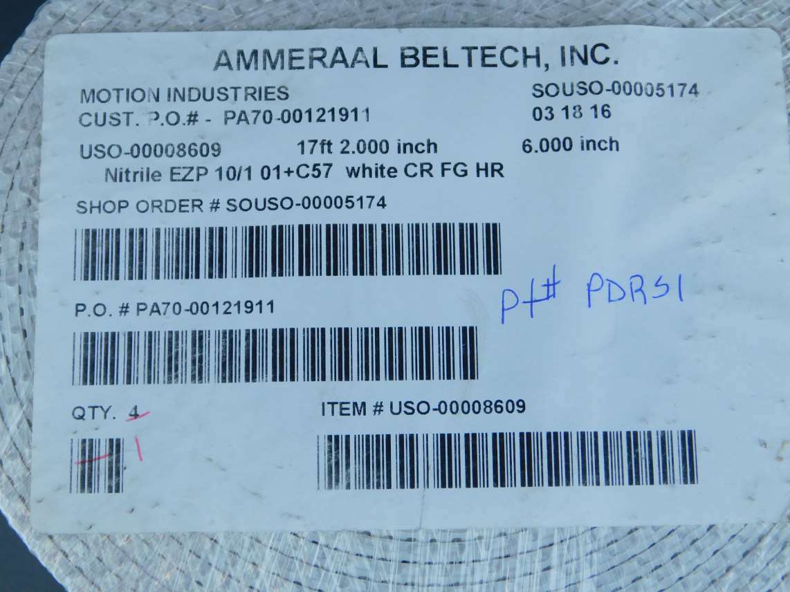 Ammeraal Beltech 17ft X 2″ X 6″ Nitrile EZP 10/1 01+C57 White CR FG HR Convey…