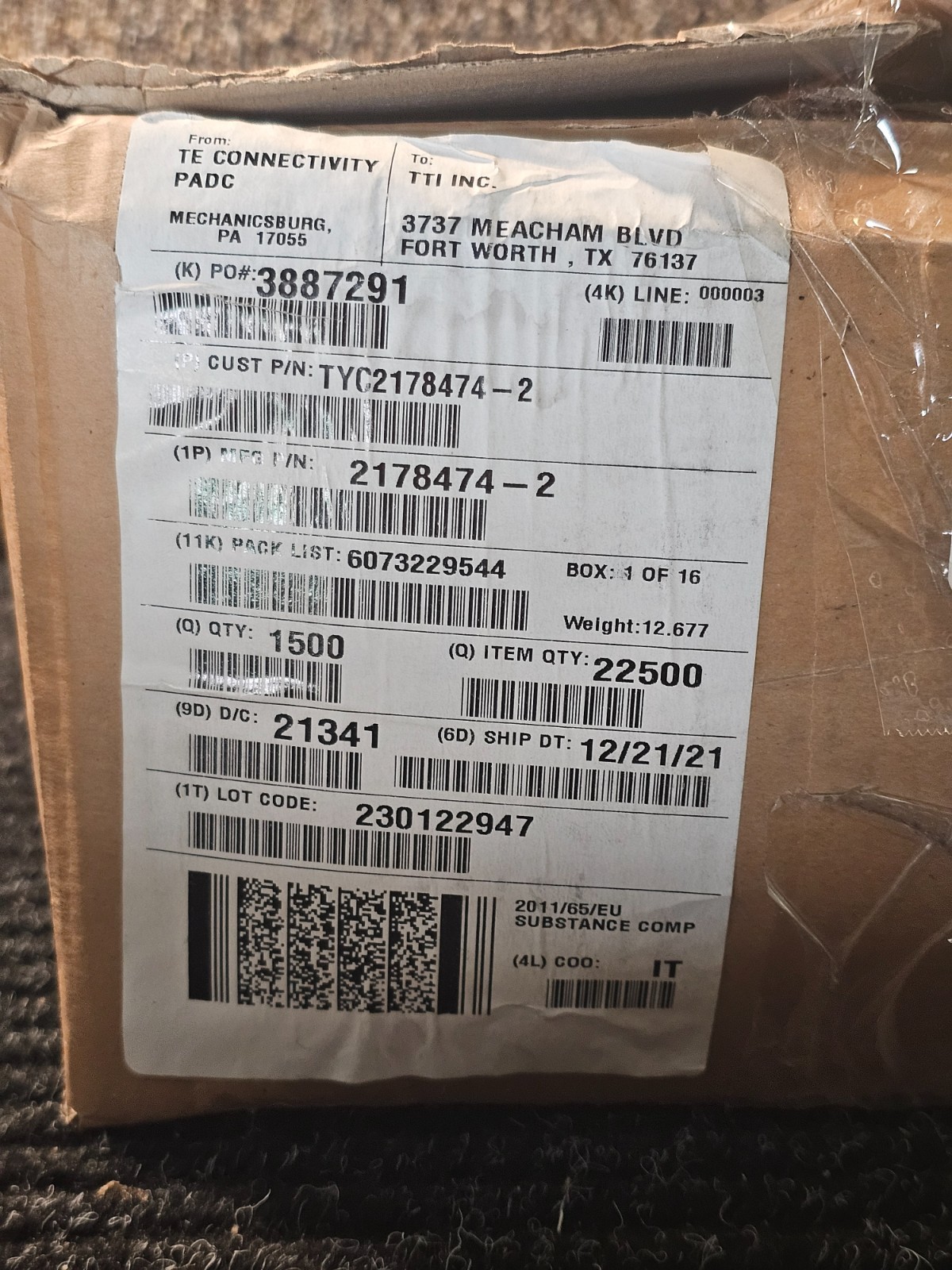 (QTY 1500) TE Connectivity 2178474-2 3 Position, Cap, Housing, Wire-to-Panel