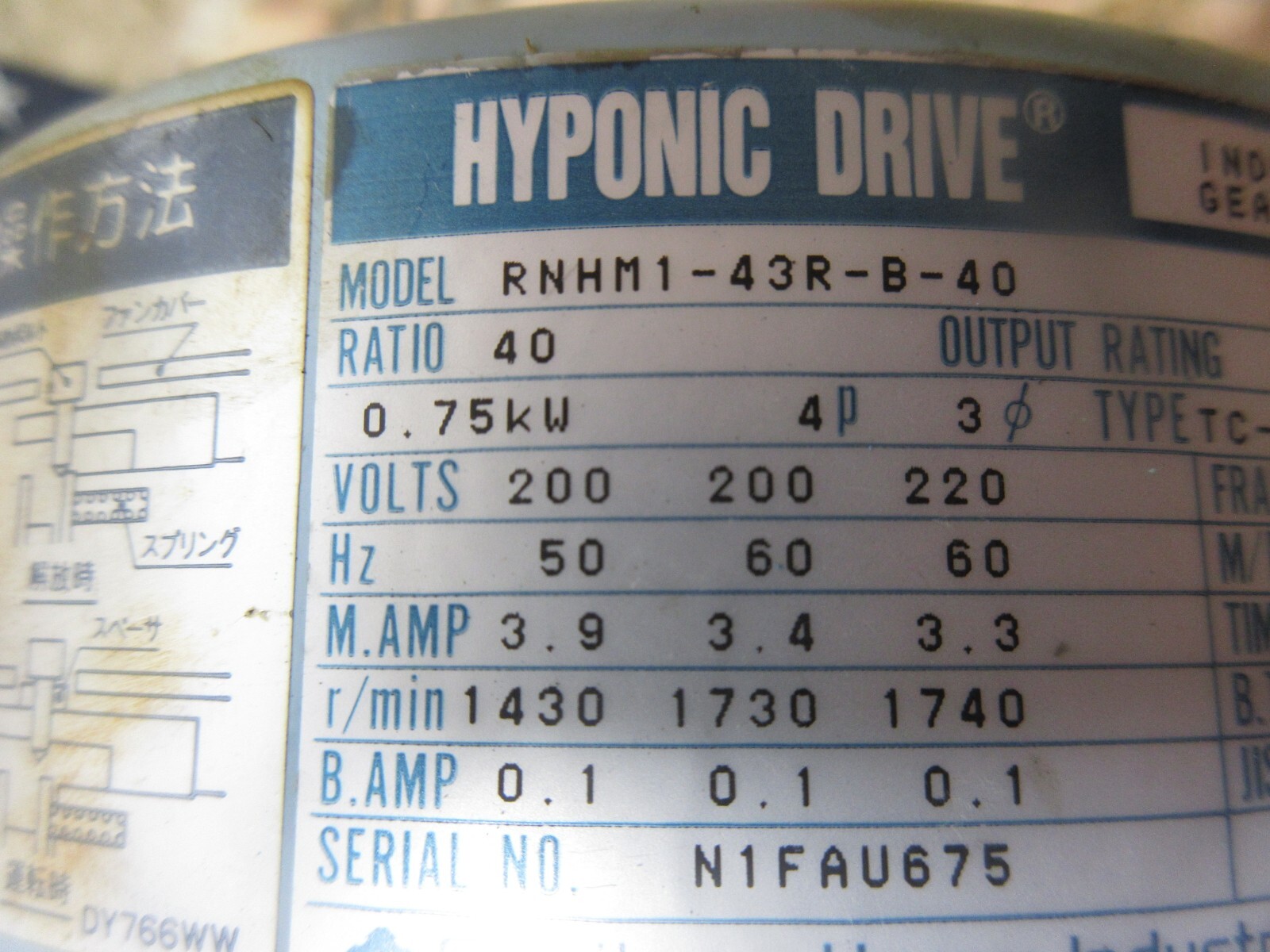 SUMITOMO HYPONIC DRIVE GEAR MOTOR RNHM1-43R-B-40 0.75KW 4P TC-F/FB-1B F-80