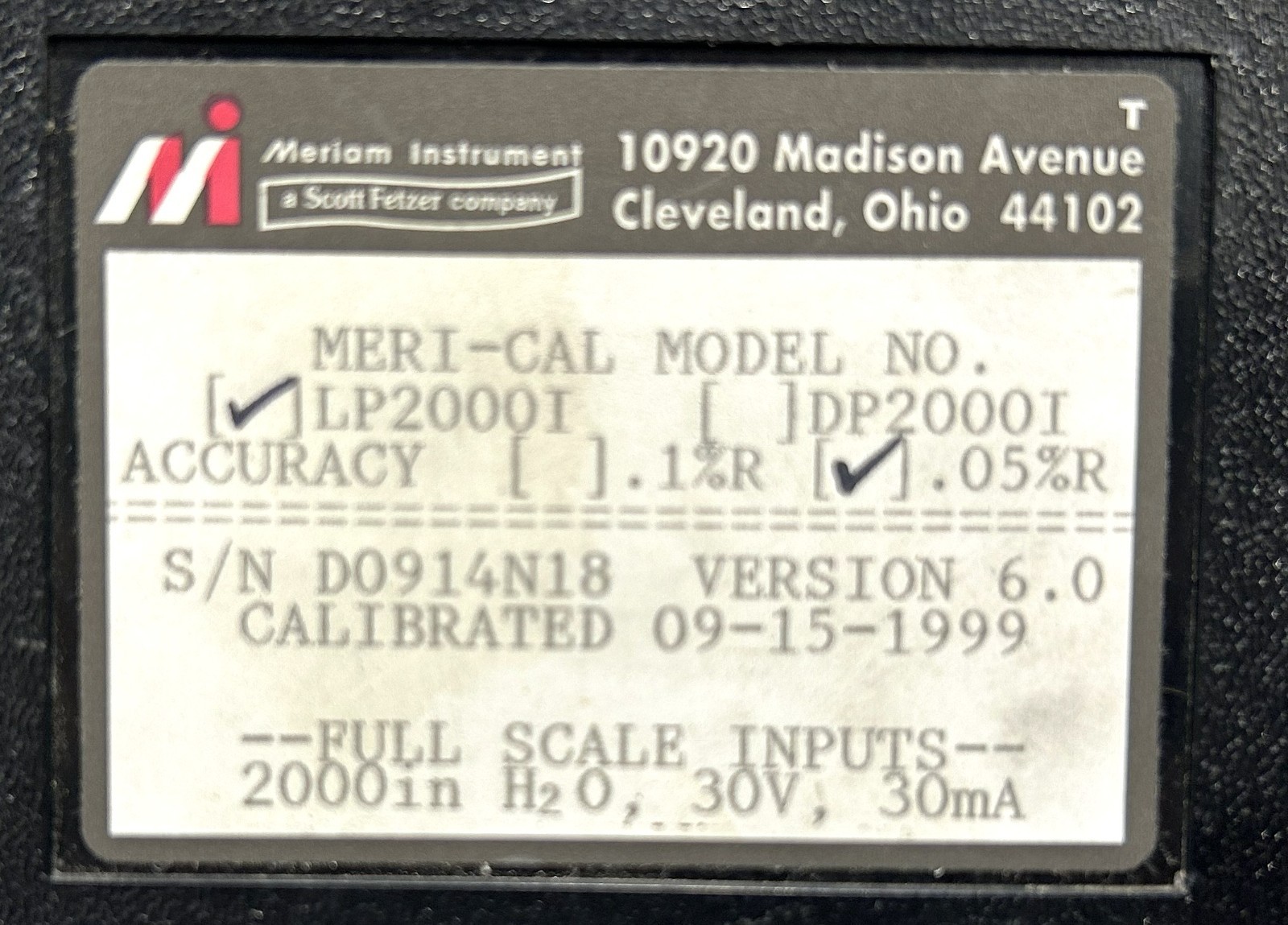 Meriam LP2000I H2O 35EE Meri-Cal I Precision Gauge Pressure Calibrator Untested